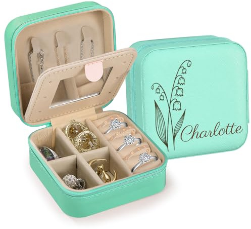 Damen-Schmuckkästchen, Reise-Schmuckkästchen, kleine Schmuckaufbewahrungsbox, Reise-Mini-Schmuckkästchen für Ringe, Ohrringe, Armbänder, Halsketten, geeignet für Damen, Ehefrauen, Mütter (Turquoise) | Personalisierte Reise-Schmuckbox mit Name und Geburtsblume, 4 Fächern, PU-Leder und weichem Samtfutter.