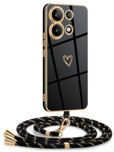 Mkej Coque pour Xiaomi Redmi Note 13 4G avec Cordon, Coque avec Collier Motif Coeur d'amour Silicone Galvanisé Housse, Réglable Amovible de Cordon Case pour Xiaomi Redmi Note 13 4G, Or Noir