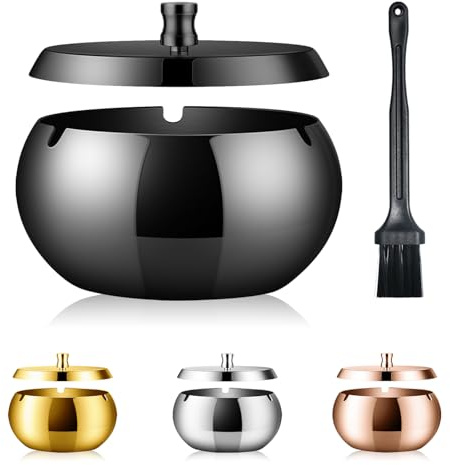 Aschenbecher für Draussen, Aschenbecher mit Deckel und Bürste (Schwarz) | Winddicht, Geruchsdicht, Waschbar, Edelstahl Aschenbecher für Wohnzimmer, Gärten, Büros, Balkone
