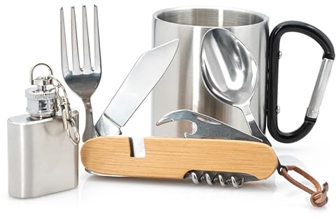 Wander Set – Taza de acero inoxidable con mosquetón y cubiertos de senderismo – Mini petaca – Navaja de bolsillo con tenedor, cuchara y cuchillo y más