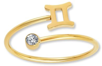 Anello zodiacale Gemelli in oro con zircone per donne - Anello da donna placcato in oro 18K in acciaio inossidabile 316L | Anello regolabile (misura 52-60) e impermeabile - incl. scatola regalo.