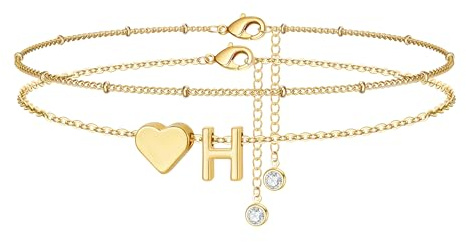 TINGN Fußkettchen für Damen, 14K Gold Vergoldet Herz Buchstaben Fußkettchen Kinder Mädchen Fussketten für Frauen Wasserfest Sommer Strand Fußschmuck Mehrreihige Fußkette Geschenke für Frauen Freundin