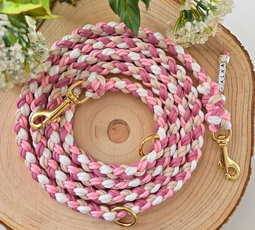 beige-rosa Hundeleine für mittelgroße Hunde bis 20 kg, geflochten, stabil, Creme, strapazierbar, Handmade, Mehrfarbig, Paracord, personalisierbar, Messingfarben, goldfarben (1,80 Meter)