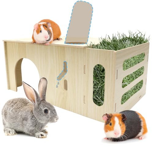 Fernlandia 3 en 1 Comedero para cobayas, Accesorios de Madera con comedero, portabotellas y casita de Juegos, 40 x 17 x 24 cm, para Animales pequeños como Conejos Enanos, hámsteres, Ardillas y erizos