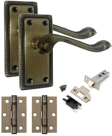 Golden Grace Georgian Latch Door Handles, Antique Brass 1 Pair | Includes 2.5in tubular catch, ball bearing hinges, spindle and screws. Durable zinc alloy with a 107x48mm beaded edge.