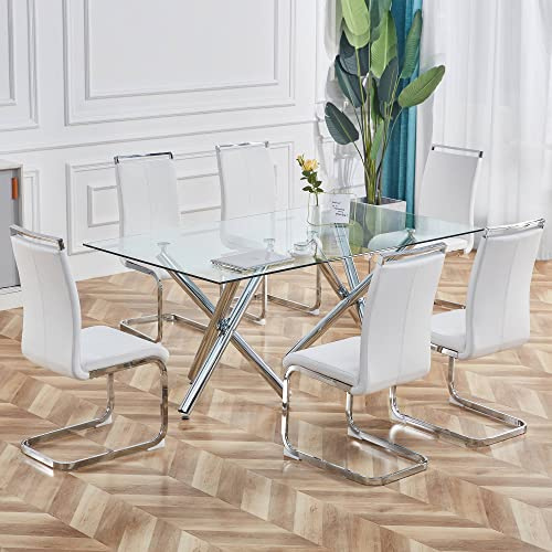 boorbin Cantilever chair, chrome-plated metal frame, can hold up to 120 kg, softly padded with faux leather cover(set, 4 pieces) (white)