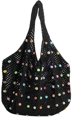 FloralGrace 1 Unidad Bolsa de Playa Boho Tejida a Mano con Cuentas Coloridas, Bolso de Hombro | Bolsa de Playa Hippie Colorida para Mujeres (Negra)