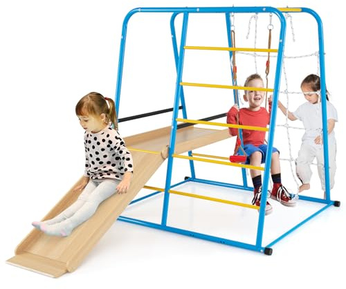 COSTWAY Metal Climbing Frame, 6 in 1 Kids Jungle Gym with Slide, Swing, Monkey Bars, Climbing Ladder and Rope Wall, Indoor Playground Climber Toy for Boys Girls