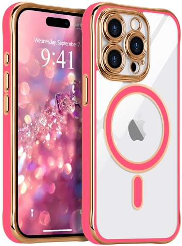 LCHULLE Magnetica Cover per iPhone 15 Pro Max Trasparente,Rosa rossa | Compatibile con Magsafe, Protezione della Fotocamera, Cover Antiurto Protettiva, Custodia in Silicone Elettroplaccata