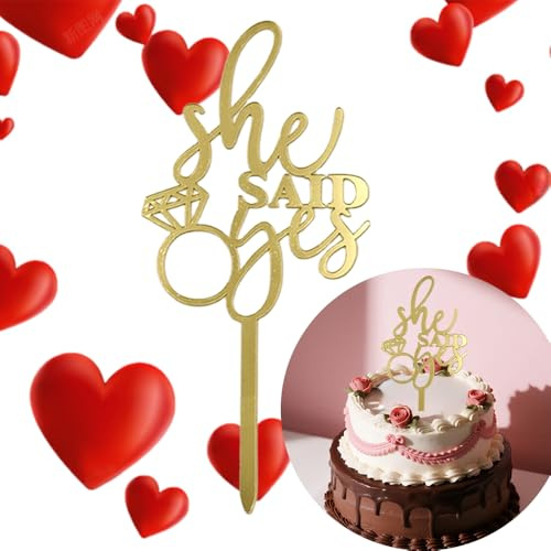 Engagement Party Decorations, Wedding Cake Topper, Engagement Cake Topper - HSC Gold She Said Yes Reusable Acrylic Cake Decoration with Ring Design for Bachelorette Bridal Shower Party