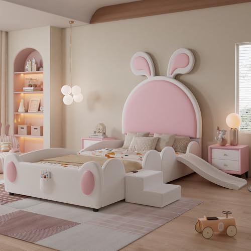 Letto imbottito 90x200 cm con scaletta e scivolo bed singolo PU con doghe in legno beds da ragazza per camera da letti per ospiti senza materasso bianco+rosa