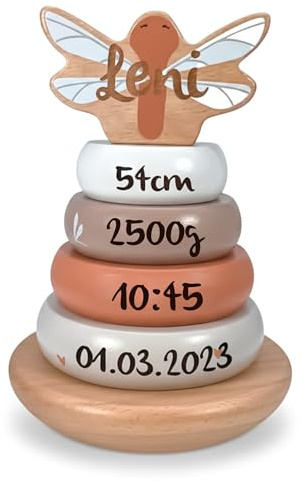 Mainely Personnalisable Tour d’empilage en Bois (Nougat) – motricité Fine & Coordination – pour Enfants dès 12 Mois – personnalisée avec prénom & données de Naissance – Label Label