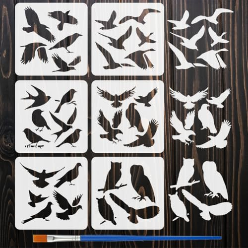 FINGERINSPIRE 6 st fågelsilhuett målning stencil med borste 15 x 15 cm 6 stilar återanvändbar flygande fåglar stencil återanvändbar plast fågelflock hantverk schabloner djurtema schabloner för