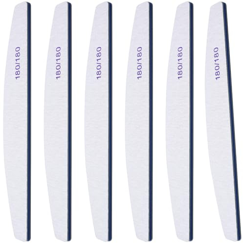 6Pcs Washable Professional Nail Files, 180/180 Grit Double Sided Nail Files | Fingernail File for Natural Gel and Acrylic Nails, Half-Moon Fingernail File Manicure Tool Nails Buffing Block for Home Salon