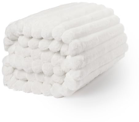 OHS Faux Fur Ribbed Fleece Blanket for bed, Soft Cosy Warm Winter Thick Throw Blanket Over Sofa Couch Decorative Fluffy Double Bed Throws Gifts for Women & Girls, White - 150 x 200cm