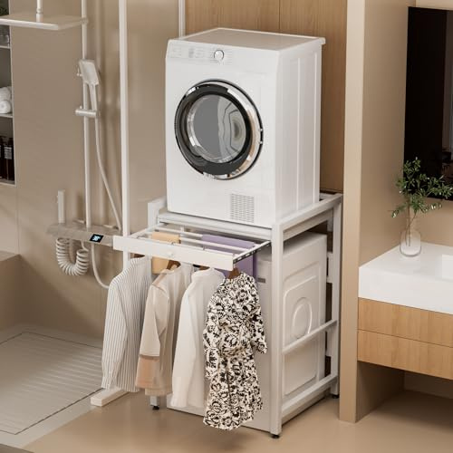 joukares Washer Dryer Stand Stacking Kit, Tumble Dryer Stacking Kit with Sliding Shelf Countertop, Space Saving, 200KG Load Capacity, Washing Machine Storage Unit for Laundry Room (White)