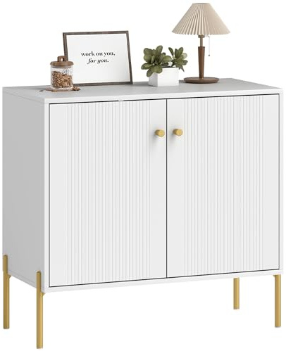 HOMCOM Buffet Salon, Meuble de Rangement avec Double Porte cannelée, étagère réglable, Pieds en Acier, Style Moderne, Buffet Salle à Manger et Cuisine, 80 x 39,1 x 76 cm, Blanc