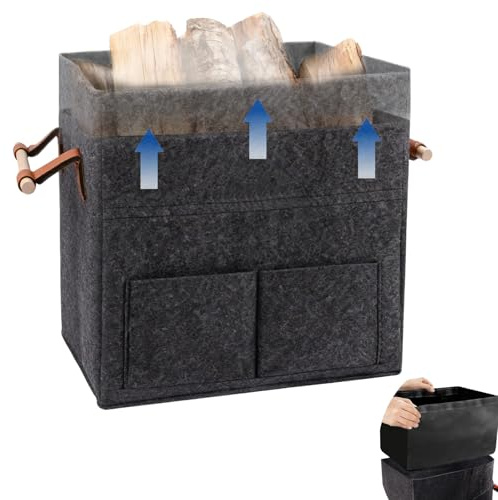 35L Kaminholzkorb, WHFGSOM erweiterbares Holzkorb Groß Filztasche für Kaminholz Brennholzkorb mit Innensack - Feuerholz Aufbewahrung Korb(Grau)