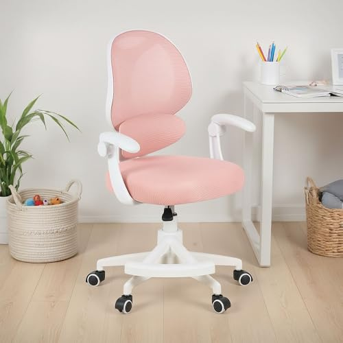 IDIMEX Schreibtischstuhl ISLA mit Fußstütze, Rosa – ergonomischer Schreibtischstuhl für Kinder und Jugendliche, höhenverstellbar, drehbar mit Lendenstütze, atmungsaktiver Netzrücken, Armlehnen