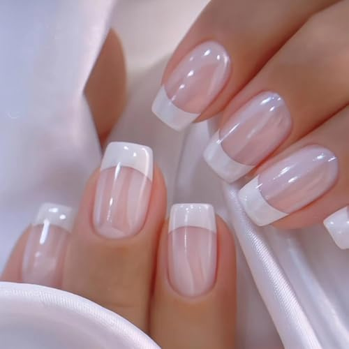 Zimocepuz Unghie Finte Quadrate Corte, French Bianche Rosa Semplici Unghie Adesive Quadrate, Unghie Finte per Donne, Naturali Riutilizzabili
