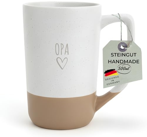 HerzHolzPapier® Große Steingut-Tasse 'OPA' – 500 ml – Handgefertigte Keramik Kaffeetasse Teetasse – Spülmaschinen- & Mikrowellenfest – Rustikales Design in Sprenkeloptik – Geschenk für Opa