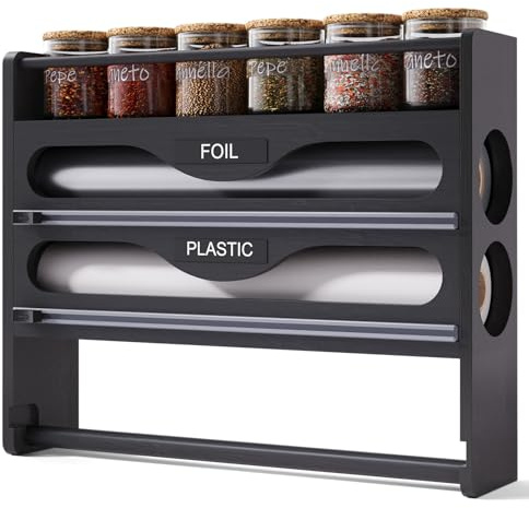 Folienspender mit Cutter & Küchenrollenhalter Ohne Bohren & Gewürzregal, Alufolienspender und Frischhalte Bambus, Folienschneider Frischhaltefolie, Frischhaltefolienspender Kompatibel 12 (Schwarz)