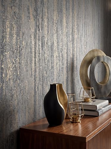 Newroom Vliestapete Anthrazit Strukturtapete Glamour Wohnzimmer | Reliefartige Streifenstruktur, goldfarbener Metallic-Schimmer, Industrial Luxuriös, Mustertapete, Schlafzimmer Büro