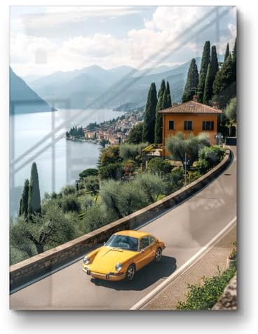 CANVEO Porsche 911 Poster Leinwand Bild, Comer See, Auto Sportwagen Rennwagen Wandbild Wanddeko Deko, Vintage Landschaftsbild Fotografie Druck, Gelber Porsche Bild