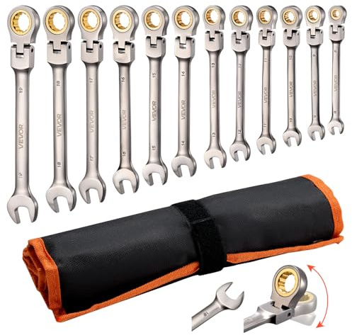 VEVOR Jeu de Clés Mixtes 12PCs, Clé Plate à Cliquet Flexible Métrique de 8 à 19 mm, pour Réparation Domestique et Automobile, Extrémité Fourche, 72 Dents, en Acier Cr-V, avec Trousse Enroulable