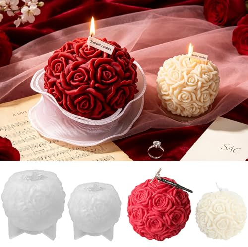 2 Stück Rosenkugel Silikonformen Kerzen,3D Rosenkugel Kerzenform Silikon,3D Blume Silikonform Kerzen,Silikonformen Gießformen,DIY Kerzen Formen Silikon,für Duftkerze Valentinstag Dekorative Ornamente