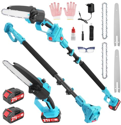 2-in-1 Mini Kettensäge 8 Zoll mit Teleskopstange, Akku Hochentaster Ast Kettensäge Profi-Astsäge, Teleskop Kettensäge mit 2x3.0Ah Akku, Arbeitshöhe bis 6.7ft, für Baumzweige&Holzschneiden