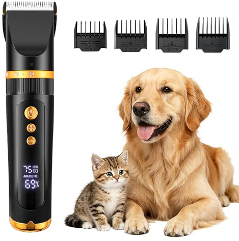 CGOLDENWALL Kabellose Hundeschermaschine, 6500-7500RPM, Hunde Katzen | Titan-Keramik-Klingen, 210Min Laufzeit, 4 Kaemme, USB-Ladung, Leise, Gold