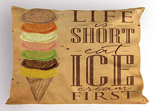 ABAKUHAUS Saying Pillow Sham, Eat Ice Cream First Scoops, Decorative Standard Size Printed Pillowcase, 26 X 20, Multicolor