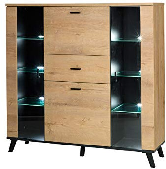 Barschrank John JN03 mit Schublade, Praktischer Barkommode, Kommode Highboard, Schrank mit Getränkefach Getrönkeschrank, Mehrzweckschrank, viel Stauraum (Eiche Lefkas / Schwarz, mit LED-Beleuchtung)