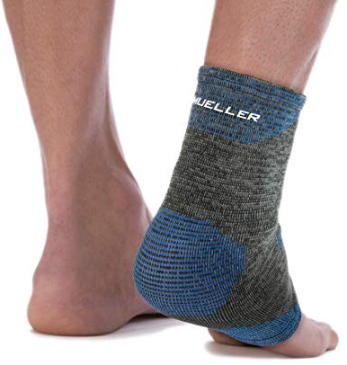 MUELLER Sports Medicine FIR 4-Way Ankle Support Sleeve, Ankle Pain Relief Support for Men and Women, Ideal for Sprains, Strains, Arthritis, Black/Blue, Medium/Large