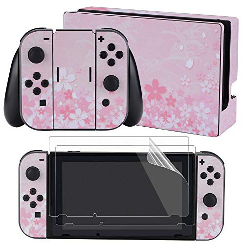 eXtremeRate Autocollant pour Nintendo Switch Manette&Console&Joycon&Dock | Sticker Skin pour Switch avec 2 Protection d'Écran-Pétales Fleurs Cerisier
