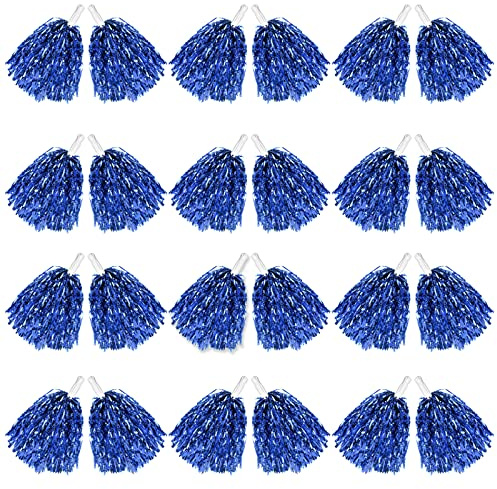 DILIBRA 24Pcs Metallic Cheerleading Pom Poms, Cheerleaders Cheer Pompoms with Baton Handle, Cheering Squad Hand Flower for Adults Team Spirit Sports Game Dancing Party (Blue)