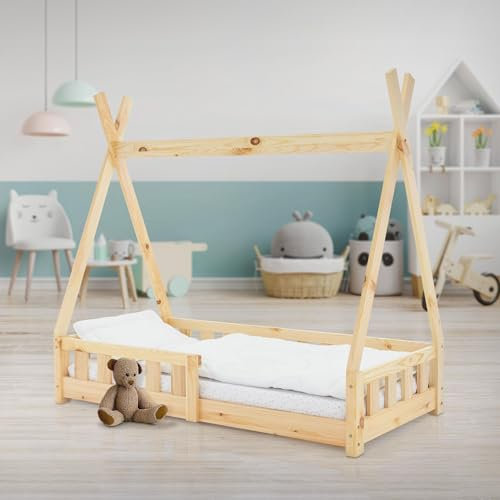 ML-Design Kinderbett Tipi 70x140 cm Natur mit Rausfallschutz und Lattenrost, Indianer Bett aus Kiefernholz für Mädchen & Jungen, Hausbett mit Zaun, Kinderhaus Bodenbett Jugendbett Spielbett Zelt
