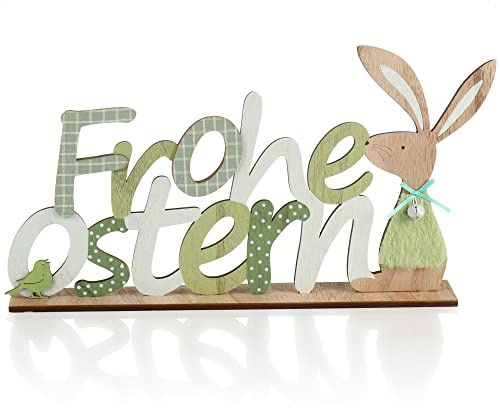 com-four® Deko Aufsteller Frohe Ostern, Schriftzug mit Osterhasen | Osterdeko zum Hinstellen - Osterdekoration aus Holz mit Glöckchen