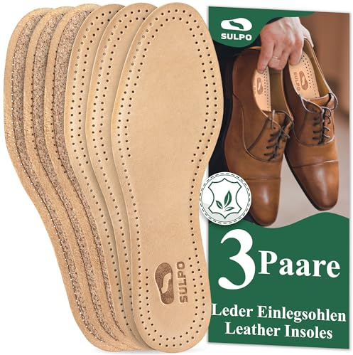 SULPO Lot de 3 paires de semelles intérieures en cuir tanné végétal - Inserts en liège naturel contre les pieds de transpiration pour homme et femme - Anti-transpiration - absorbantes