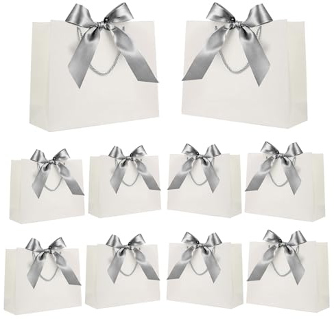10er-Pack Geschenktüten mit Schleife, Geschenktüten aus Papier mit Griffen für Hochzeitsfeiern, Babypartys, Geburtstagsfeiern (32x25x11 cm, Weiß)
