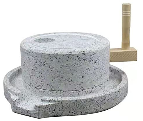 Dry/Wet Mill, Natural Smooth Granite Manual Food Paste Mill Small Natural Stone Ornament with Wooden Frame for Grain, Bean and Barley (7.87 * 11.8in)