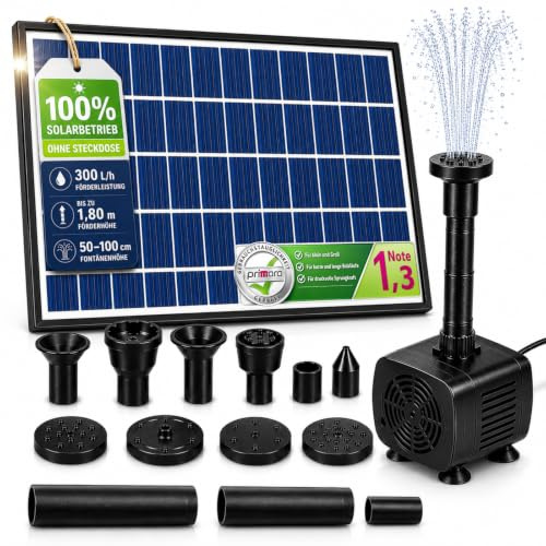 MAUK® SOLAR SPRINGBRUNNEN mit Fontäne 300l/h 12V + SAUERSTOFFZUFUHR Fische I Teichpumpe Wasserpumpe für Garten, Vogel-Bad, Gartenteich, Bachlauf I Förderhöhe bis 1,80m
