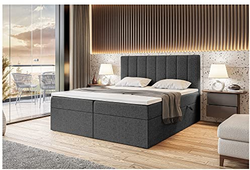 MEBLINI Boxspringbett mit Bettkasten - 180x200 - Gepolstert Doppelbett mit Matratze und Topper - Polsterbett mit Stauraum - Bett mit Kopfteil - Stauraumbett - Erling - H3/Dunkelgrau Webstoff