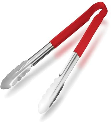 Chabrias Ltd 12 Utility Kitchen Tongs – Red Colour-Coded Stainless Steel, Non-Slip Vinyl Grip, Dishwasher Safe Cooking & Serving Tongs (12 inch / 30 cm)
