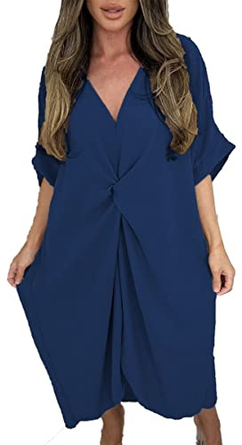 Women’s Ladies V-Neck Knot Twist Short Sleeve Baggy Oversized Loose Fits Smock Midi Casual Longline Summer Dresses for Women UK Plus Size Fits 12-24