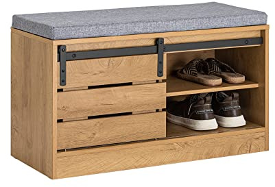 SoBuy Banco Zapatero con Puerta corrediza 80x35x48cm para recibidor | Armario entrada con cojín y puerta estilo granero, PB/MDF E1, carga 150kg, natural FSR120-N