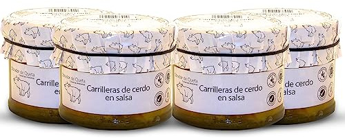 Joues de porc au vin blanc. Conserves gourmandes. Joues mijotées 440grs (Lot de 4). Recette familiale, maison et artisanale. Cadeau original tout le monde. 100% fabriqué en Espagne. Plats cuisinés.