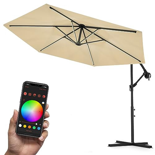 Swing & Harmonie Luxus LED Sonnenschirm mit RGB Beleuchtung inkl. Fernbedienung, APP Steuerung, Ampelschirm, Garten Schirm (Creme, 350cm)