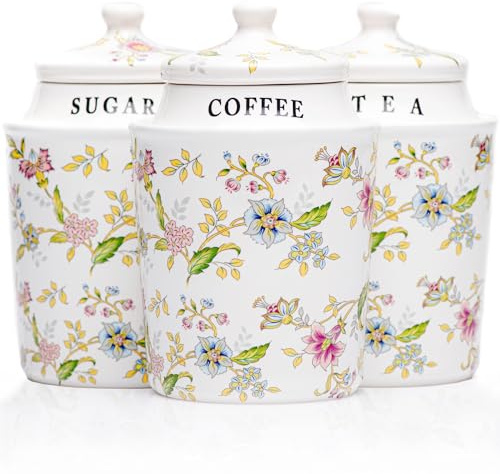 Elegant Flower Kitchen Canister Set - Decorative Ceramic Pantry Jars - 13.5 Ounce